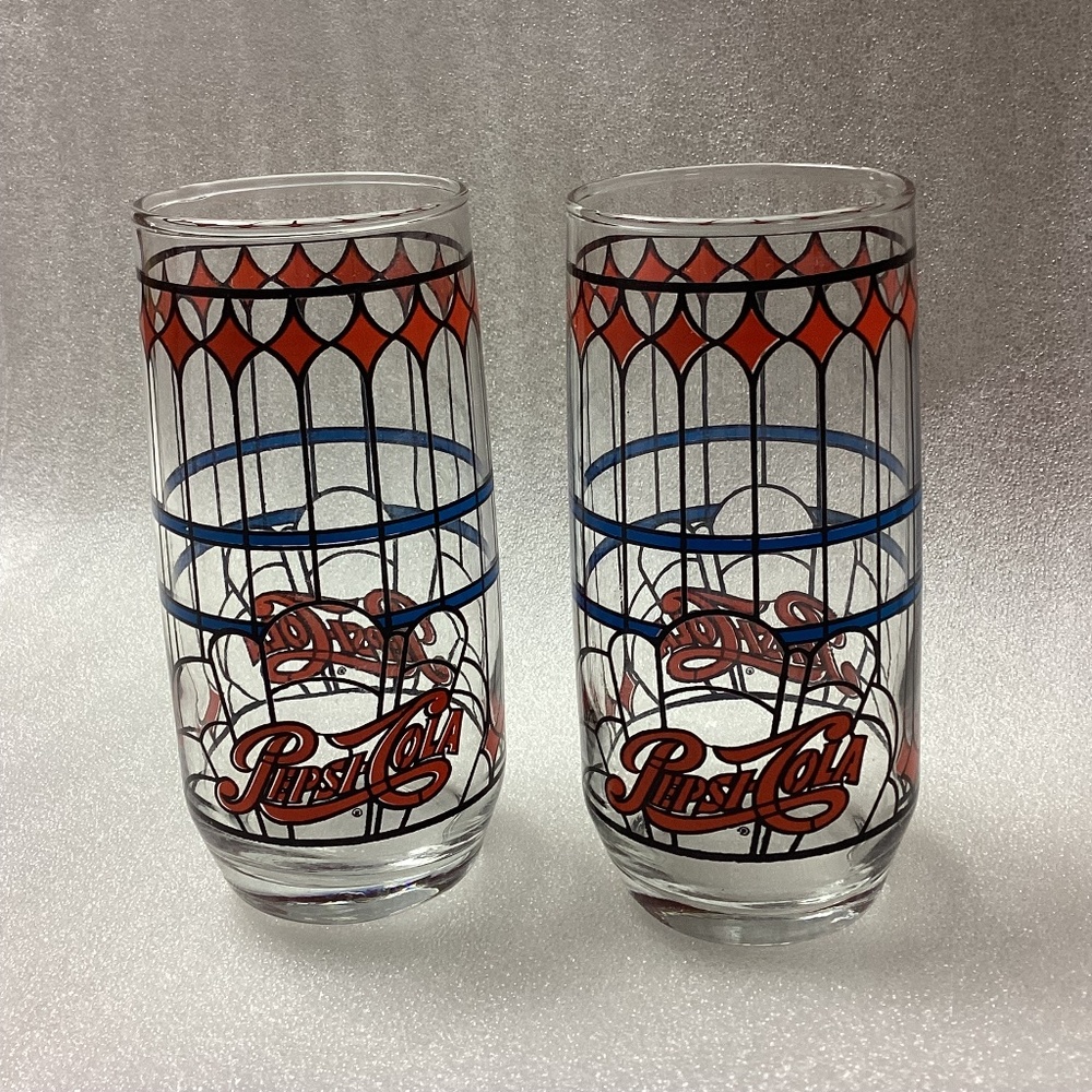 2 Vintage 1970s Pepsi-Cola "Tiffany Style" Stained Glass Drinking Glasses